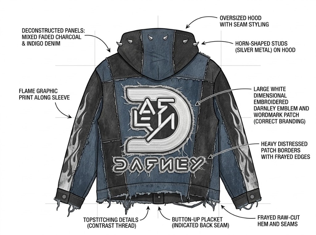 Darnley Deconstructed Punk Denim Jacket Master Technical Flat